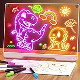 16-Inch Rechargeable Doodle Glow LED Note Board, 7-Color Light Modes, Neon Art Dry Erase Light Up Drawing Pad with Built-in Stand, Sketching Gift Toy for Kids/Girls/Teens, 5 Markers & Tracing Book