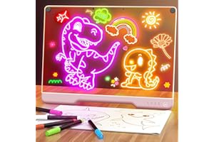 GEOKAY 16-Inch Rechargeable Doodle Glow LED Note Board, 7-Color Light Modes, Neon Art Dry Erase Light Up Drawing Pad with Built-in Stand, Sketching Gift Toy for Kids/Girls/Teens, 5 Markers & Tracing Book