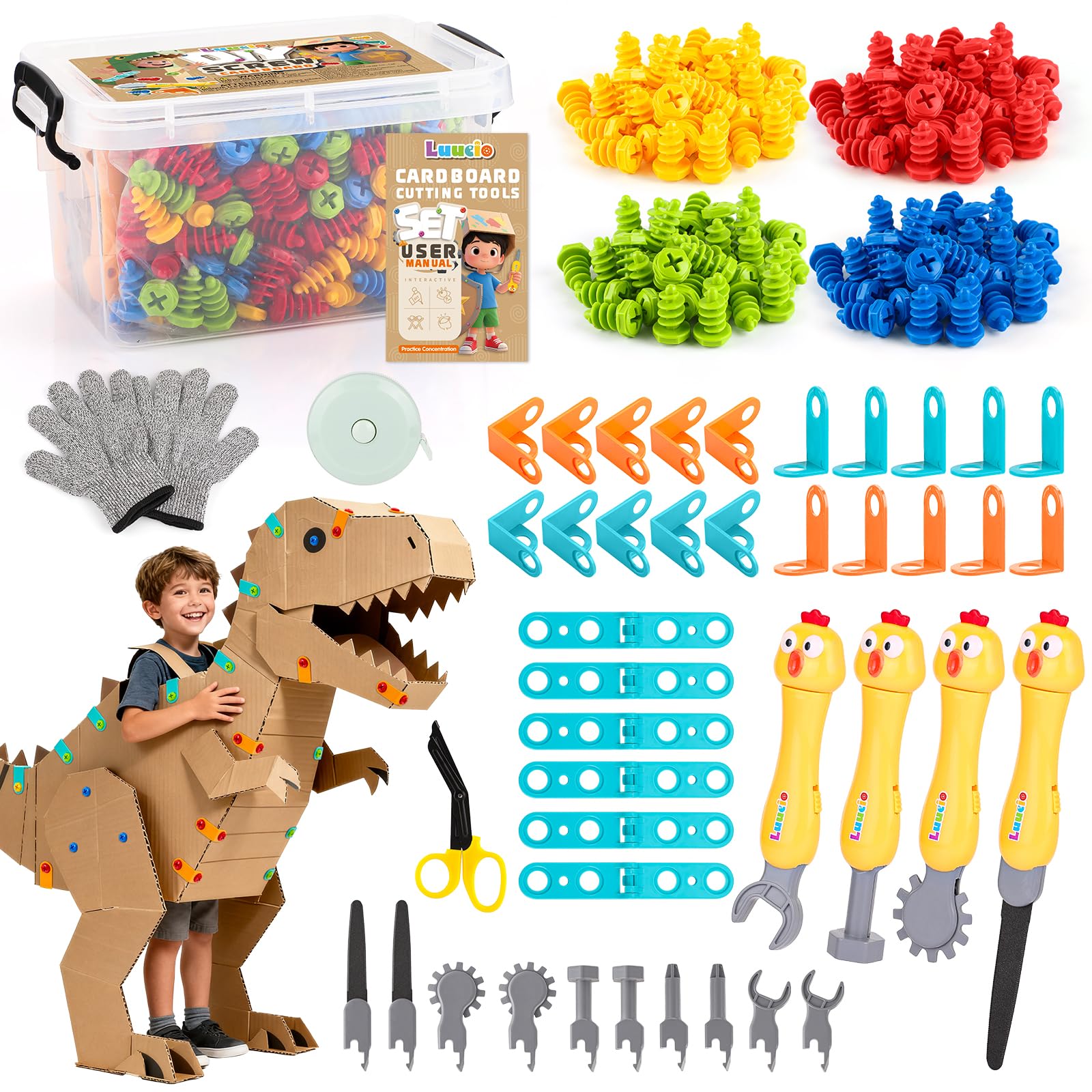 Photo 1 of 196 PCS Cardboard Cutter for Kids, Reusable Safe Cardboard Tools for Kids with Box, Gloves, Screws, Connectors, Screwdrivers, Saws, Educational Toys for 5 6 7 8 Year Old, Birthday Gift for Boys Girls
