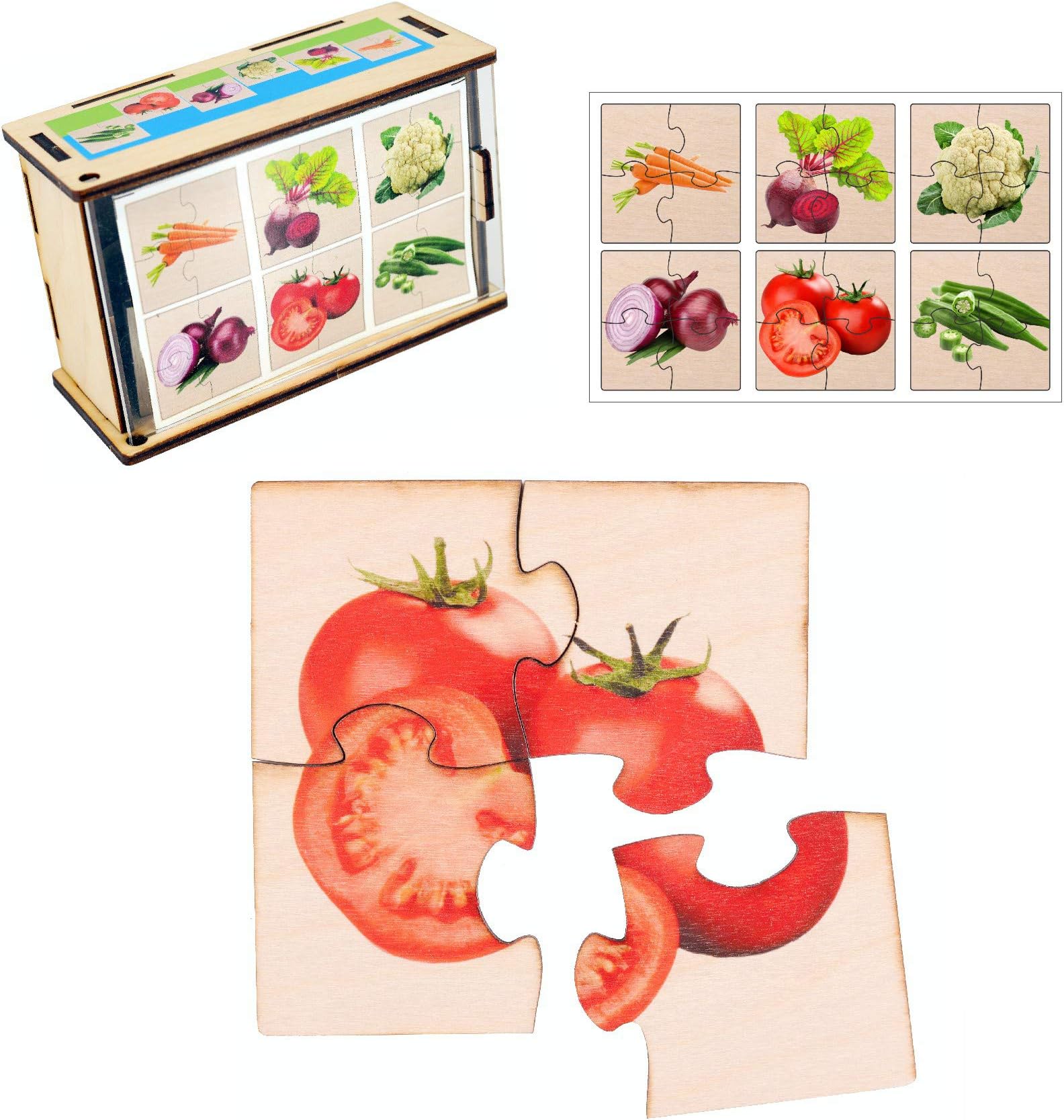 RK Cart Vegetables Simple Puzzles for Kids, 4 Piece Wooden Jigsaw Fun Learning Toys, Set of 6