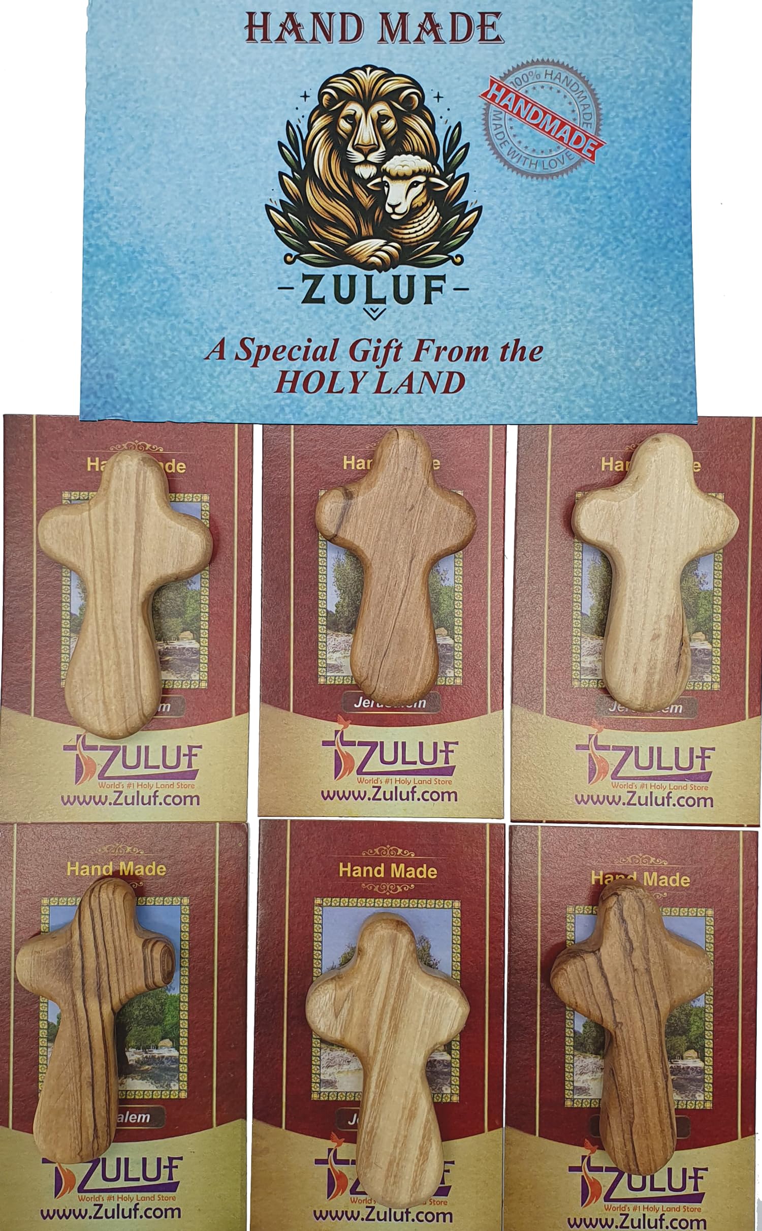 Zuluf Six Small Olive Wood Crosses The Holding Crosses From Israel | Handheld, Comforting Design for Clutching, Clinging With 6 Holy Land Certificates 6cm / 2.5 Inch Each Cross - CRS095