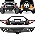 OEDRO Front and Rear Bumpers Fit 2007-2018 Jeep Wrangler JK & Unlimited with Winch Plate Mounting & 2" Hitch Receiver & 4 D-ring & 2x Square LED Lights & Paintable Armor