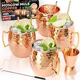Benicci Moscow Mule Copper Mugs - Set of 4-100% HANDCRAFTED - Food Safe Pure Solid Copper Mugs - 16 oz Christmas Gift Set with Premium Quality Cocktail Copper Straws and Jigger!