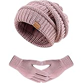 Women's Beanie Hat Gloves Set, Fleece Lined Winter Hat with Touchscreen Gloves for Cold Weather