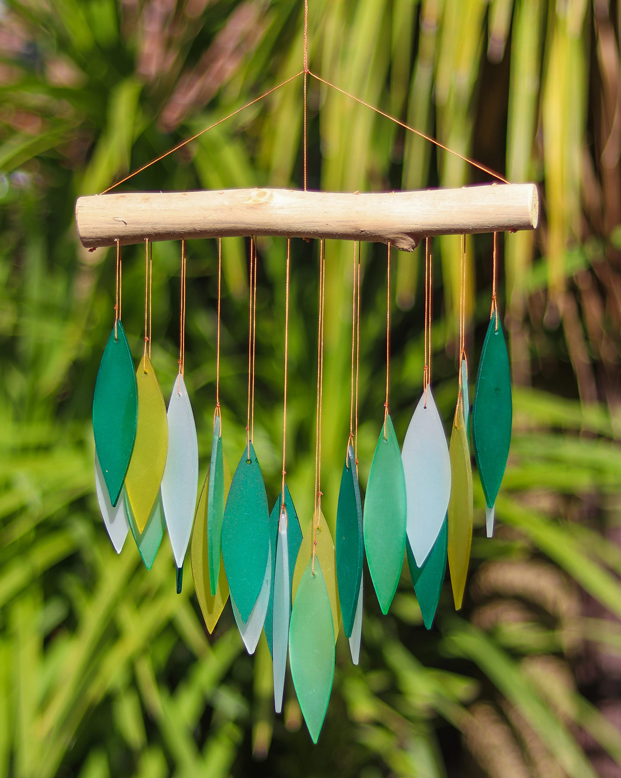 Green Glass Wind Chime Recycled Glass and Bamboo Driftwood Garden Chime Hanging Outdoors Indoors Multicoloured Fairtrade Eco Friendly Handmade Fairtrade