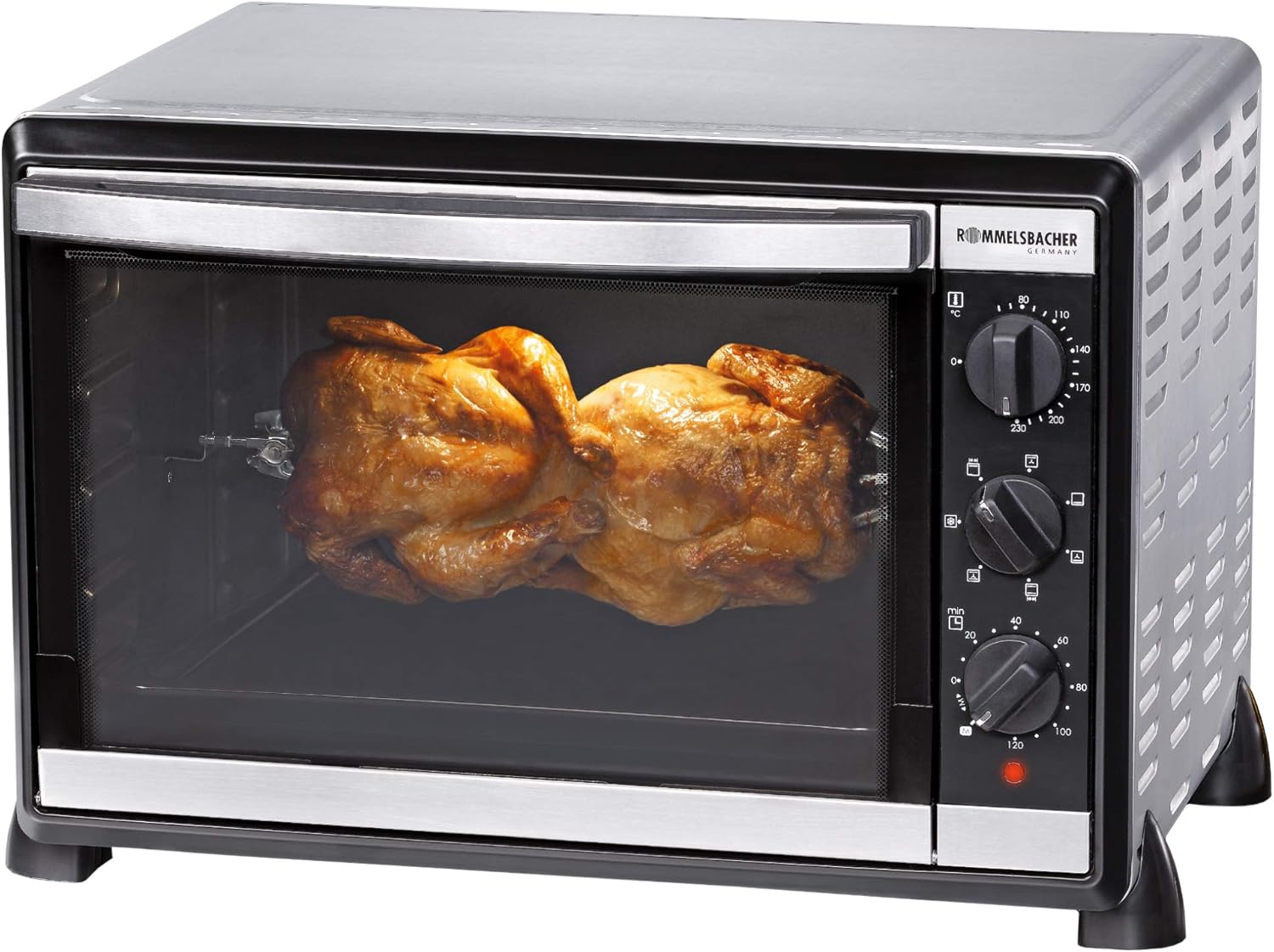 ROMMELSBACHER Back & Grill Ofen BG 1805/E - 42 Liter Backraum, 7 Heizarten, Umluft, Drehspieß, Temperaturen von 80 - 230 °C, Doppelverglasung, Innenbeleuchtung, Zeitschaltuhr, 1800 W, Edelstahl