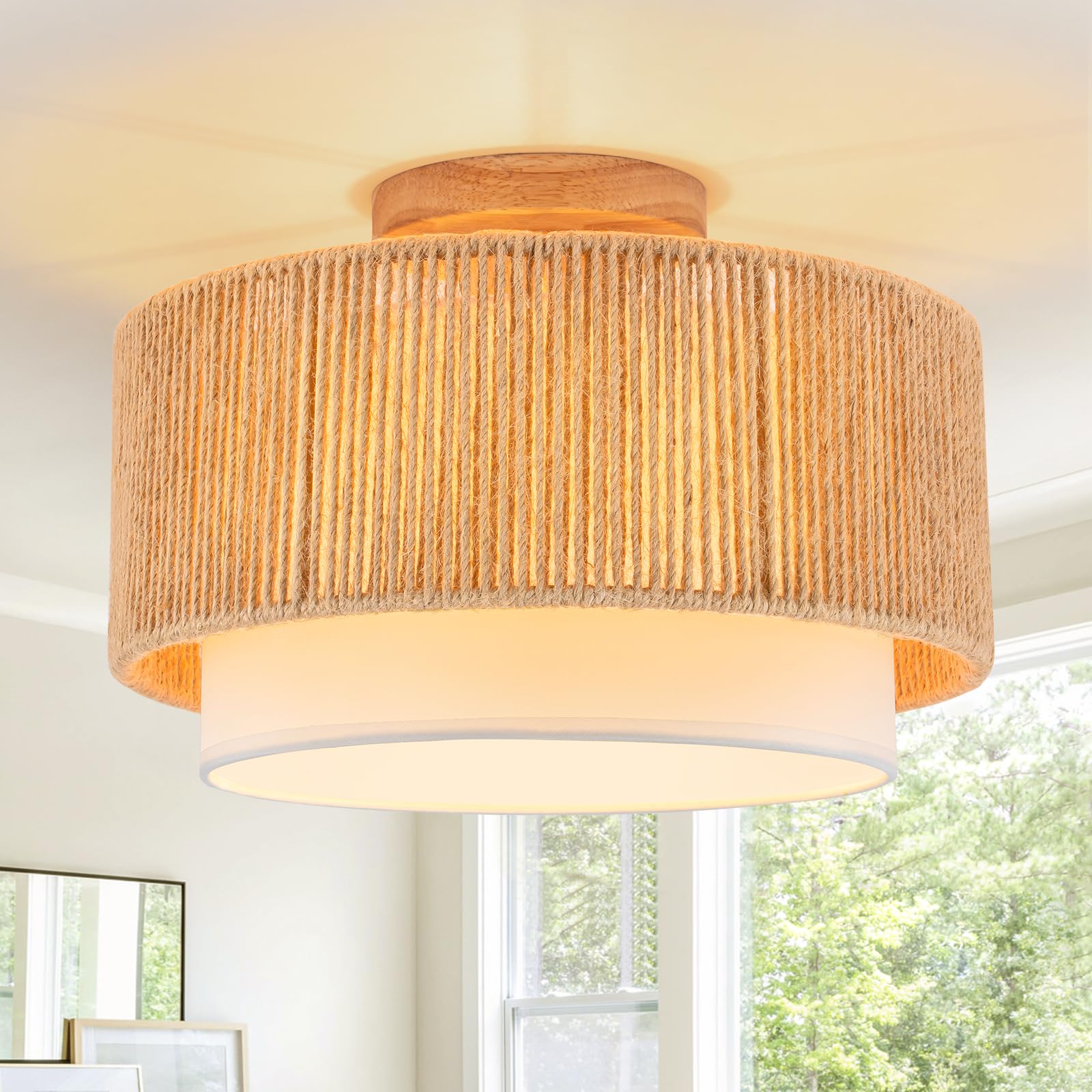 Photo 1 of SineRise 12'' Rattan Flush Mount Ceiling Light Fixture,2-Tier Drum Hand-Woven Boho Flush Mount Ceiling Light,Farmhouse Light Fixture for Living Room,Kitchen,Bedroom Foyer Entryway ect.