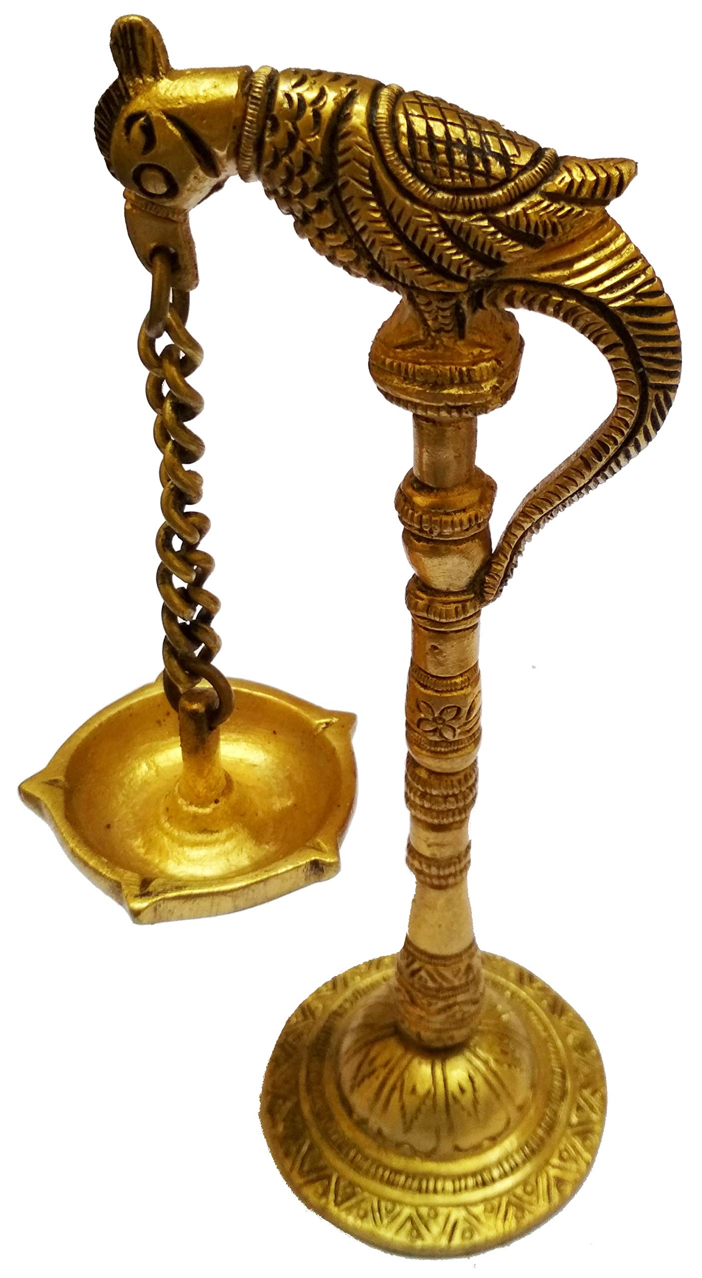 Purpledip Peacock Oil Lamp: Hanging 5-Diya Deepam (11577)