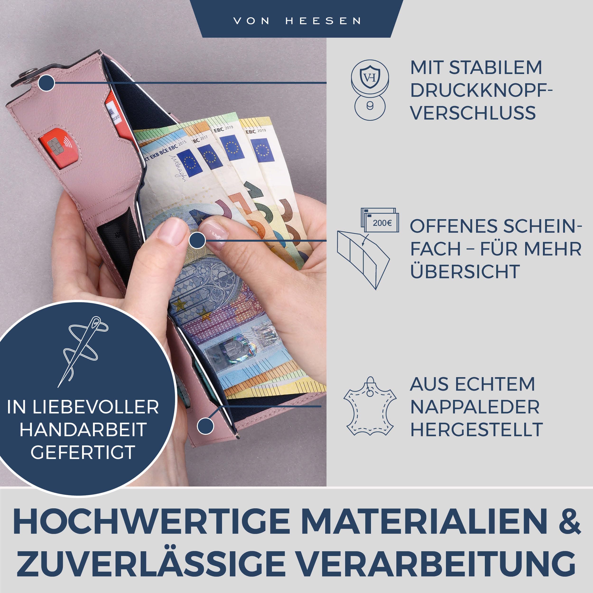 VON HEESEN Slim Wallet mit XL Münzfach & RFID Schutz - Leder Geldbörse Herren klein - Mini Geldbeutel Damen Portmonee - Kartenetui Echtleder Karten Portemonnaie - Kreditkartenetui Lavendel 4
