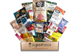 THE GOOD GROCER GLUTEN FREE and VEGAN (DAIRY and FIG FREE) Healthy Snacks Care Package (25 Ct): Cookies, Bars, Chips, Fruit, Nuts, Trail Mix, Gift Box Sampler, Office Variety, College Student Care Package, Gift Basket Alternative