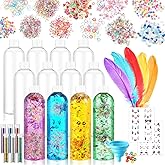 Baderke 12 Pcs Sensory Bottles 13.5oz Plastic Clear Containers Calm Down Sensory Bottles Include Funnel, Glitters, Stickers, Glitter Powder, Feathers, Small Color Balls for DIY Art Fun Crafts Supply