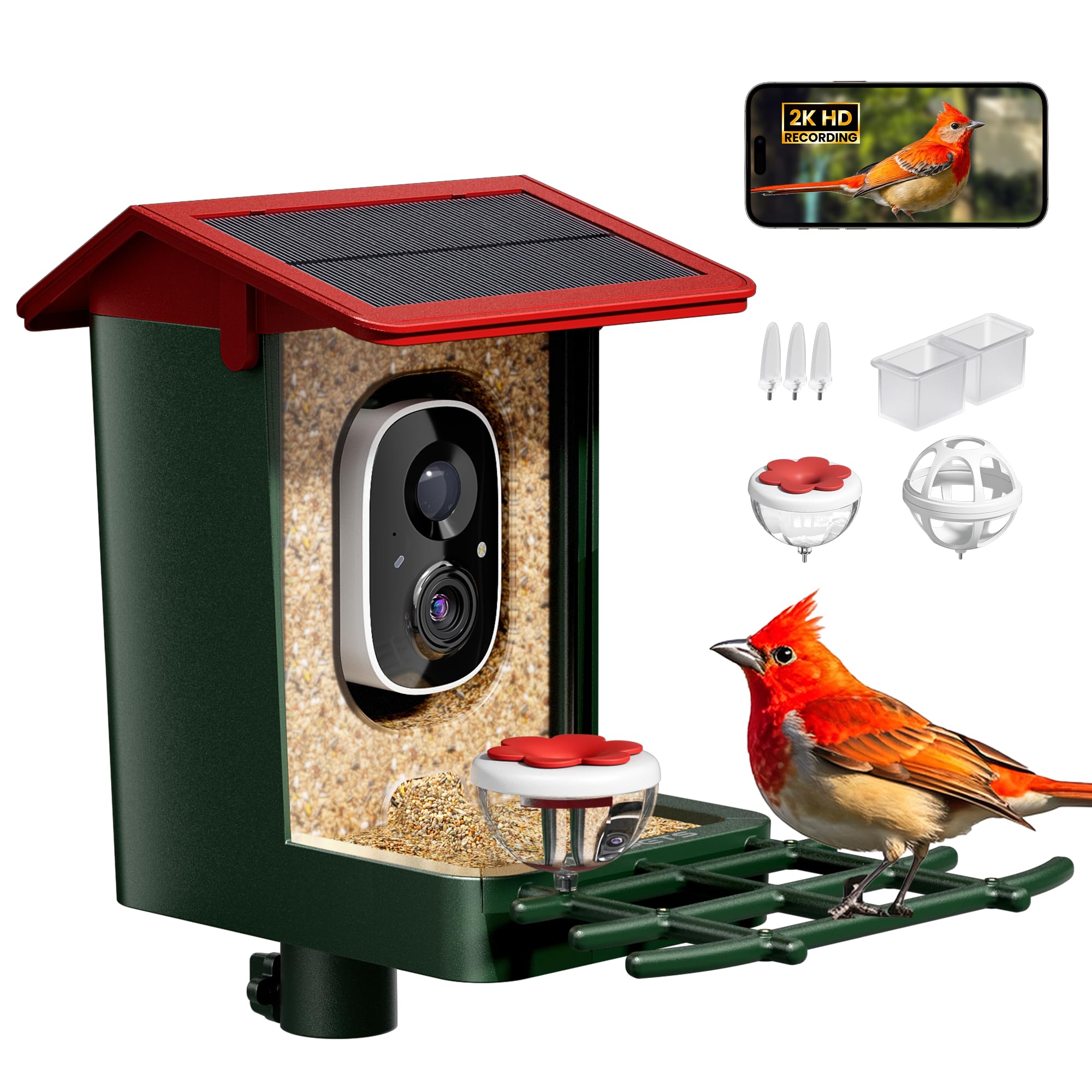 Photo 1 of Smart Bird Feeder with Camera Solar Powered, 2K HD Video, AI Bird Species Identification, Instant Arrival Alerts, Weatherproof Design for Effortless Birdwatching, Best Gift for BirdLovers, Red