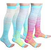 HOVEOX 3 Pairs Open Toe Compression Socks for Women and Men Wide Calf Knee High Toeless Compression Sock