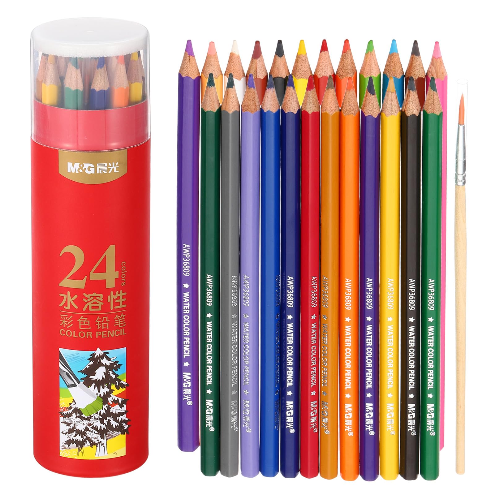 M&G 24 Colors Colored Pencils Set, 24pcs Drawing Color Pencil Water Soluble Art Supplies for Beginner Adult Coloring Book Gifts with Painting Brush
