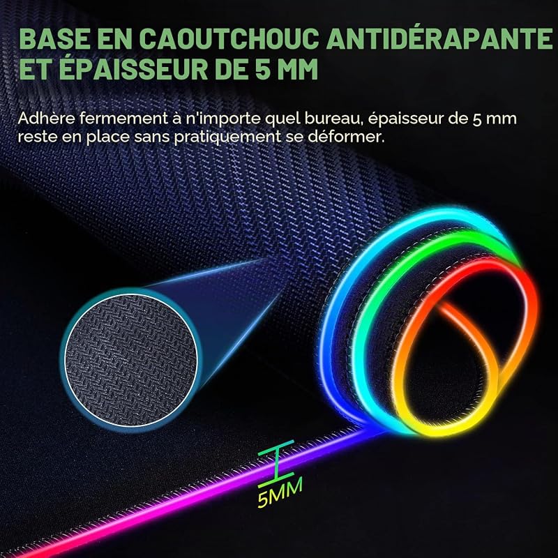 XXL Tapis de Souris RGB Gaming, Grand Tapis Souris avec 12 Modes d'Éclairage LED, Mouse Pad avec Tissu Micro-Tissé, Tapis Épaissi de 5 mm pour Gamer, Bureau,800 x 300mm