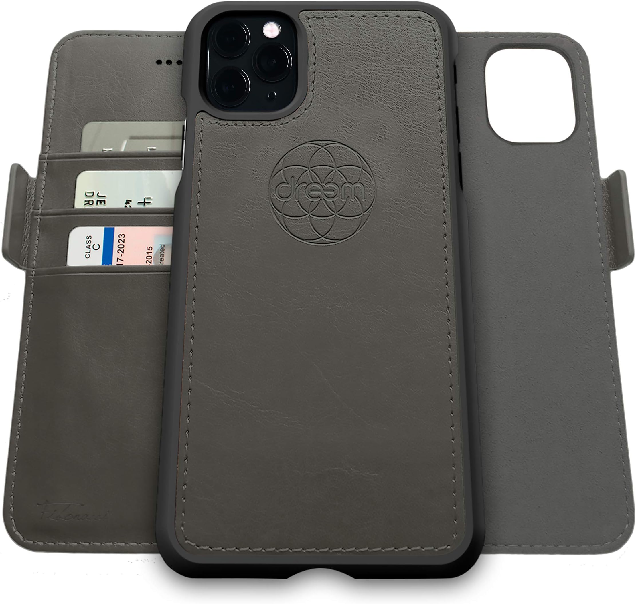 DreemFibonacci 2-in-1 Wallet Case for Apple iPhone 11 Pro - Luxury Vegan Leather, Magnetic Detachable Shockproof Phone Case, RFID Card Protection, 2-Way Flip Stand - Grey
