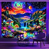 Ine Ive Blacklight Galaxy Space Tapestry UV Reactive Tapestry Mountain Waterfall Mushroom Nature Nature Poster Wall Hanging 60x51Inch for Bedroom Dorm Home Decor
