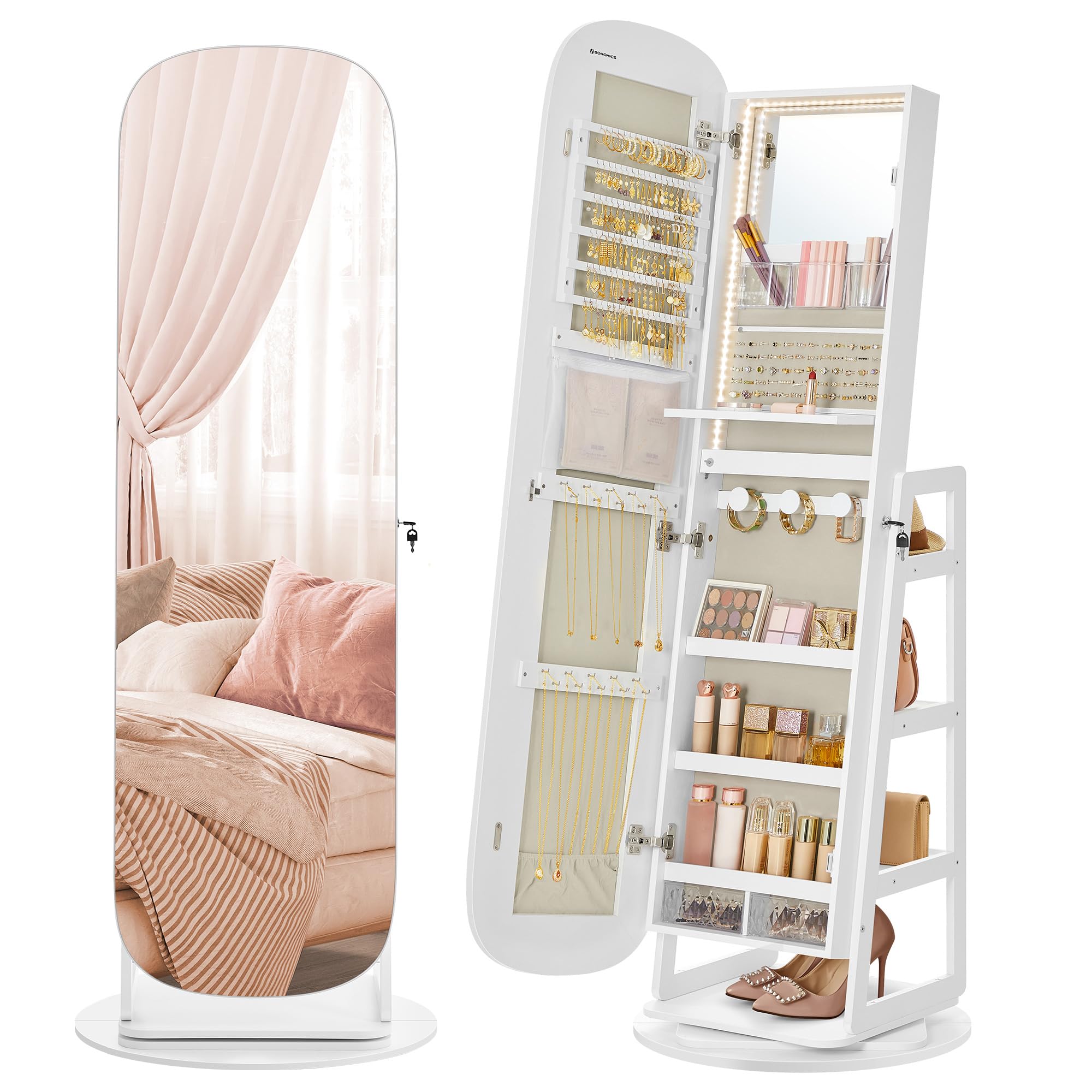 Photo 1 of ***OPENED FOR INSPECTION ***SONGMICS LED Jewelry Cabinet, 360° Swivel Jewelry Organizer, Lockable Mirror Jewelry Cabinet Standing, Rounded Wide Full-Length Mirror with Storage Shelves, Interior Mirror, Cloud White UJJC036W01