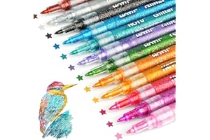 HOTU Glitter Markers Pen, 12 Glitter Colors Paint Pens Sparkly Metallic Shimmer Acrylic Marker Fine Point Tip 0.7mm Water-based Ink for Kids Adults DIY Crafts Greeting Birthday Cards
