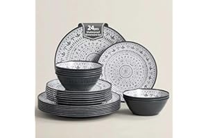 Joviton HOME 24PCS Bohemia Gray Melamine Plastic Dinnerware Sets for 8,Outdoor Plates and Bowls Sets for 8 (Gray)