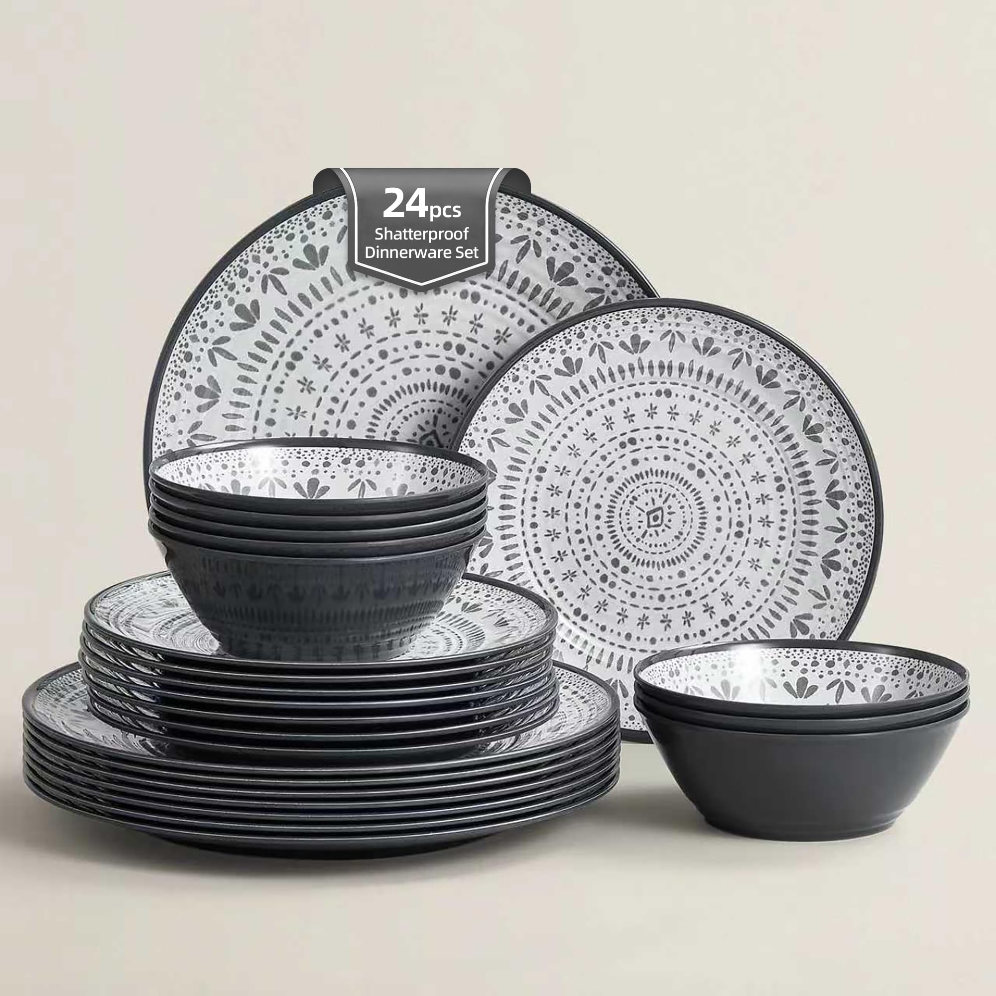 Photo 1 of **POSSIBLY NOT DISHWASHER SAFE** HOME 24PCS Bohemia Gray Melamine Plastic Dinnerware Sets for 8,Outdoor Plates and Bowls Sets for 8 (Gray)