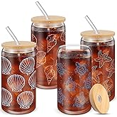 Reallnaive 4 Pcs 16oz Ocean Themed Gifts Beach Drinking Glasses Cup with Bamboo Lids and Straws Shell Sea Turtle Starfish Conch Coffee Glass Tumbler for Seashore Coastal Lovers Beach Party Gifts