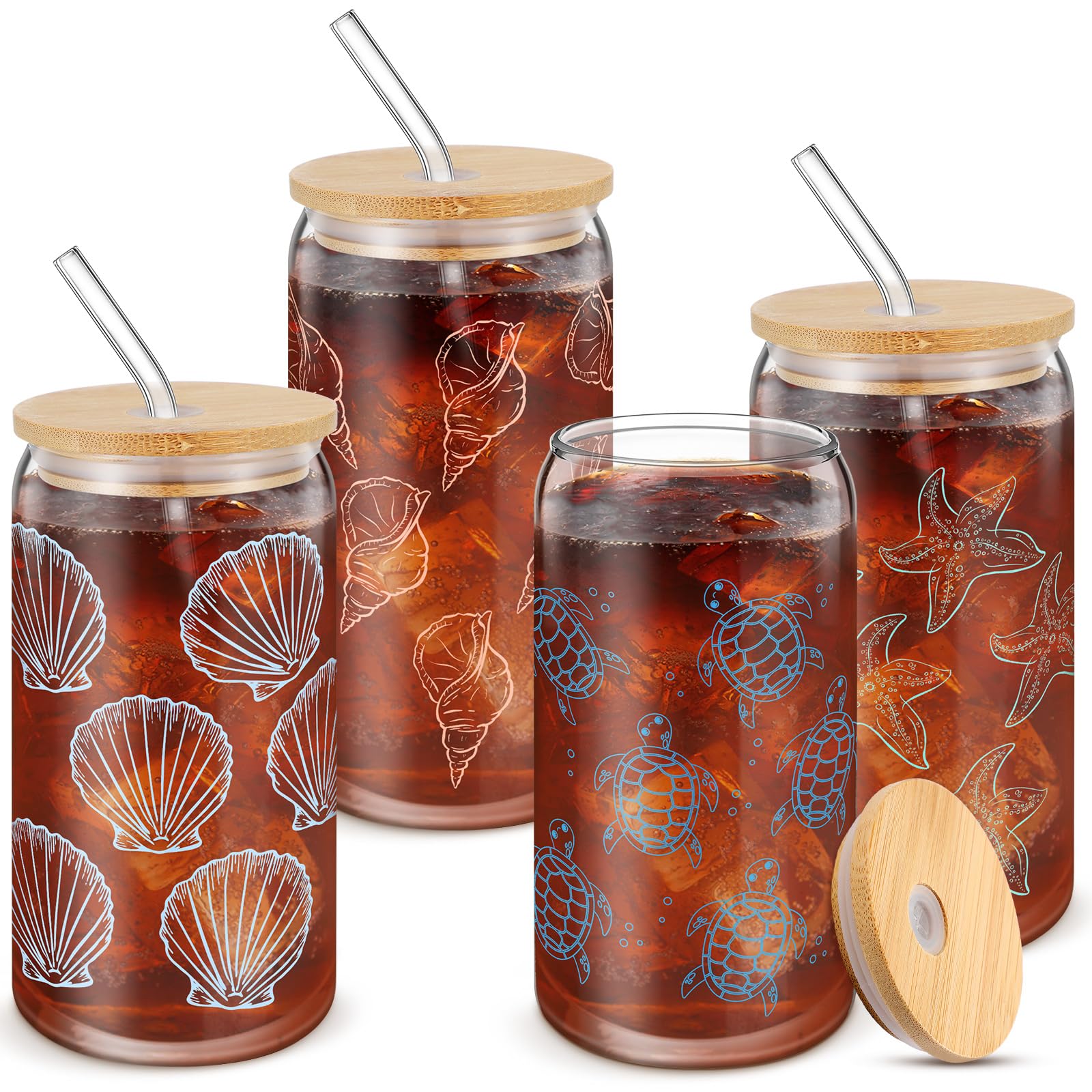 Photo 1 of Reallnaive 4 Pcs 16oz Ocean Themed Gifts Beach Drinking Glasses Cup with Bamboo Lids and Straws Shell Sea Turtle Starfish Conch Coffee Glass Tumbler for Seashore Coastal Lovers Beach Party Gifts