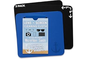 ANCHOR GLASSES STRAPS Anchor Glasses Cleaning Cloth - Ultra Soft Premium Microfiber Lens Cloths for Eyeglasses, Camera, Cell Phone, Screens - Anti-Streak, No Scratch Eye Glasses Cleaner Wipes - 3 Pack (2 Black, 1 Blue)