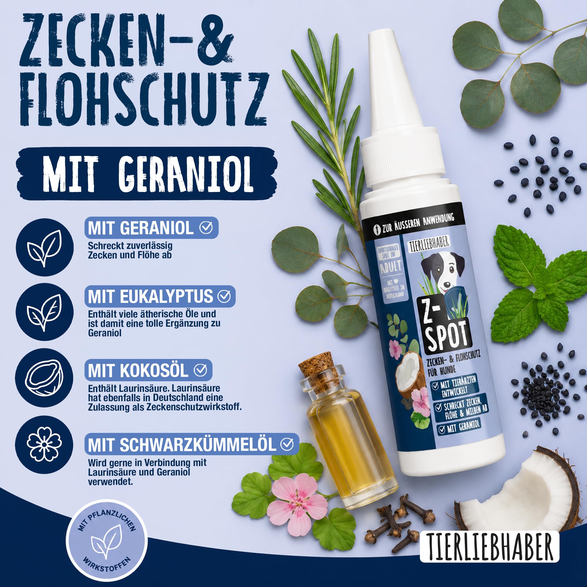 Zeckenschutz Hund Z-Spot mit Geraniol – Pflanzliches Zeckenmittel für Hunde tierärztlich entwickelt – Spot On Hund mit Schwarzkümmel- & Kokosöl – Floh und Zeckenschutz für Hunde 50ml von TIERLIEBHABER 4