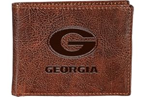 TEAM SPORTS AMERICA NCAA University of Georgia Bi-Fold Passcase Wallet for Men | Brown Genuine Tumbled Leather Wallet | Officially Licensed Embossed College Logo | Money and Card Organizer | Gift Box Included