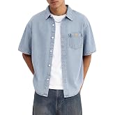 Short Sleeve Denim Shirt Men Oversized Boxy Fit Vintage Washed Drop Shoulder Button Down Overshirt with Chest Pocket