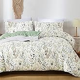 Sedefen Green Botanical Floral Duvet Cover Set King Size Reversible 3 Pieces Soft Microfiber Sage Green Comforter Cover with Zipper Ties for Men Women