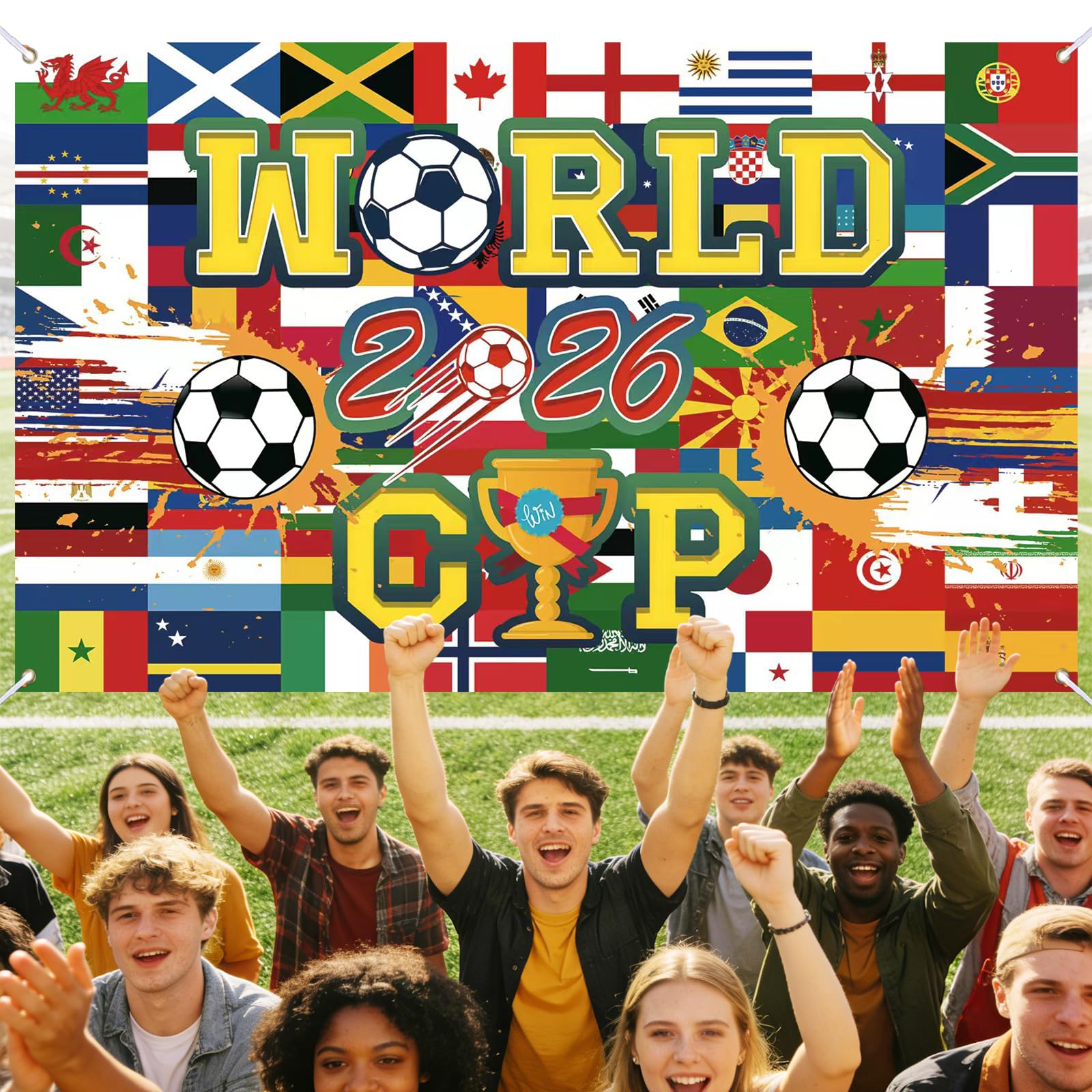 World 2026 Banner Cup Decorations, 5.9ft x 3.6ft Large Soccer Flag with Four Brass Eyelets Durable Polyester Decoration for Wall, Garden, Street, Indoor & Outdoor Party Decor