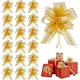 Amcami 20 Pieces Large Pull Bows for Gift Wrapping Christmas Big Gold Ribbon Bows for Xmas Gift Baskets Wine Bottles Decoration Gift Bows Organza Pull Bow for Wedding Party Birthdays Holidays