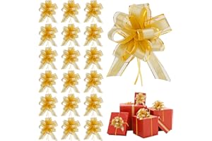 Amcami 20 Pieces Large Pull Bows for Gift Wrapping Christmas Big Gold Ribbon Bows for Xmas Gift Baskets Wine Bottles Decoration Gift Bows Organza Pull Bow for Wedding Party Birthdays Holidays