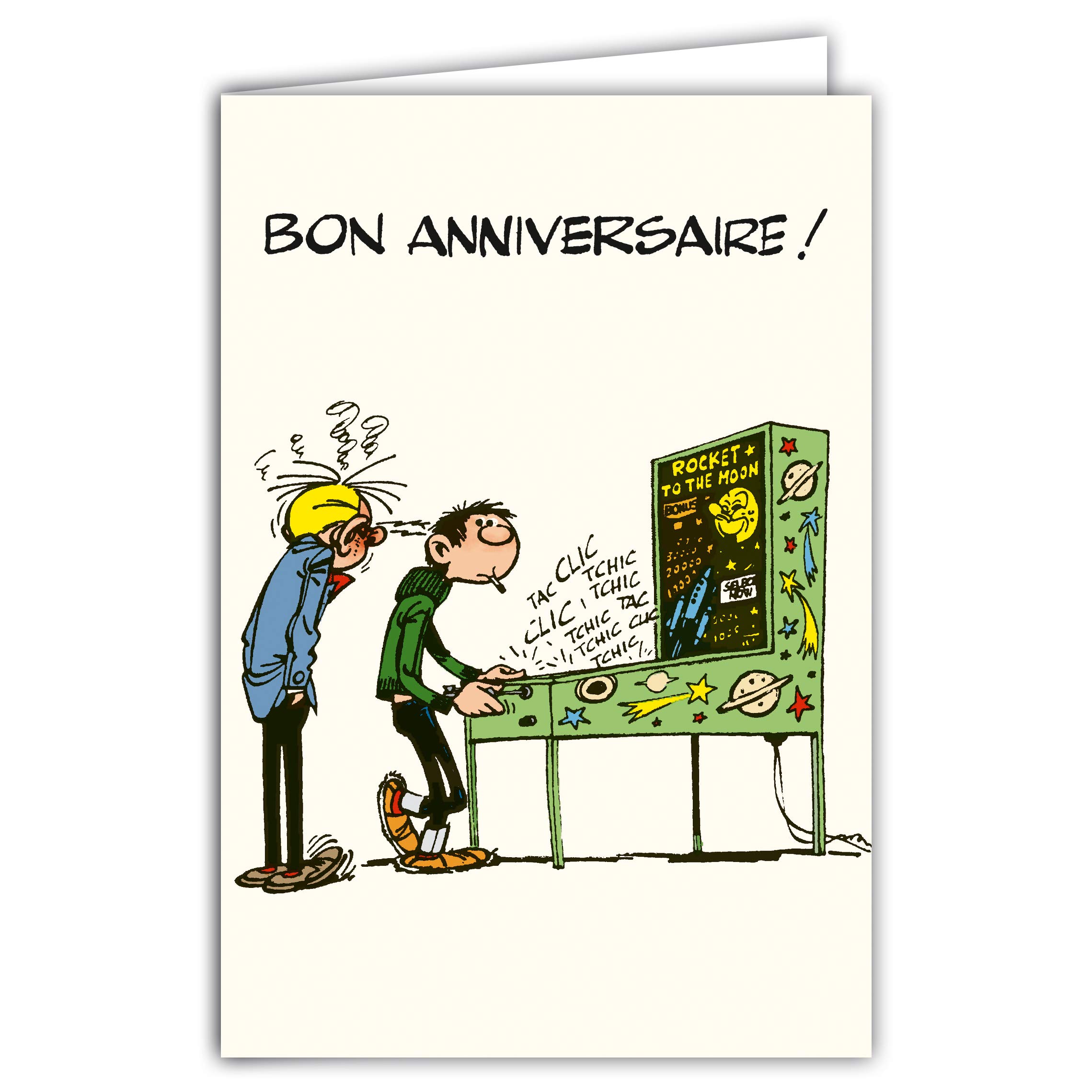 Afie GLCT-0182 Happy Birthday Card Gaston Lagaffe Fantasio Vintage Origin Flipper Billiard Pinball Arcade Game Comic Cartoon Humour Belgian Character Gag Gaffes Franquin