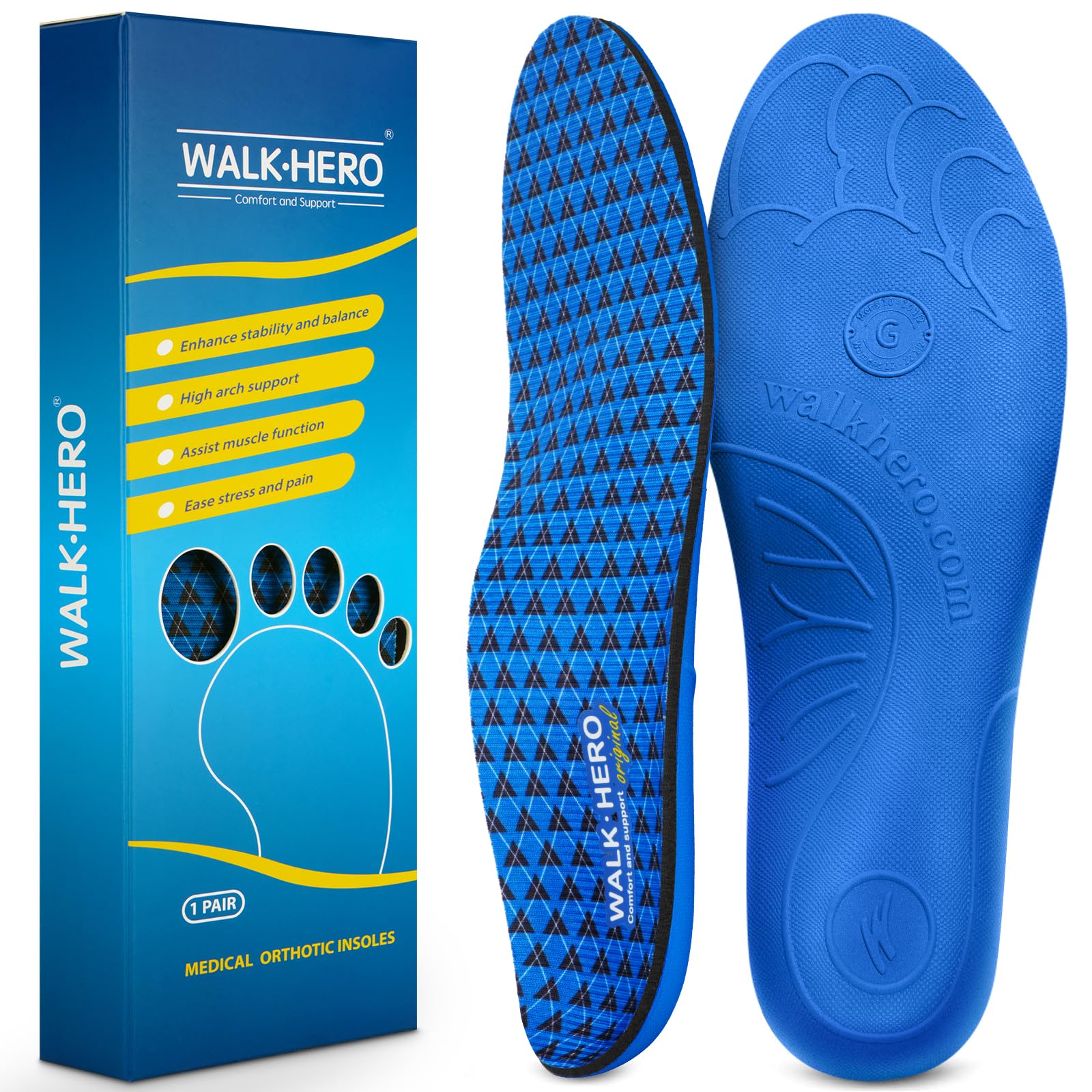 Photo 1 of Walkhero Arch Support Insoles - Plantar Fasciitis Orthotic Shoe Inserts with Everyday Comfort and Support, Relieve Foot Pain and Flat Foot (Mens 6-6 1/2 | Womens 8-8 1/2 Blue)