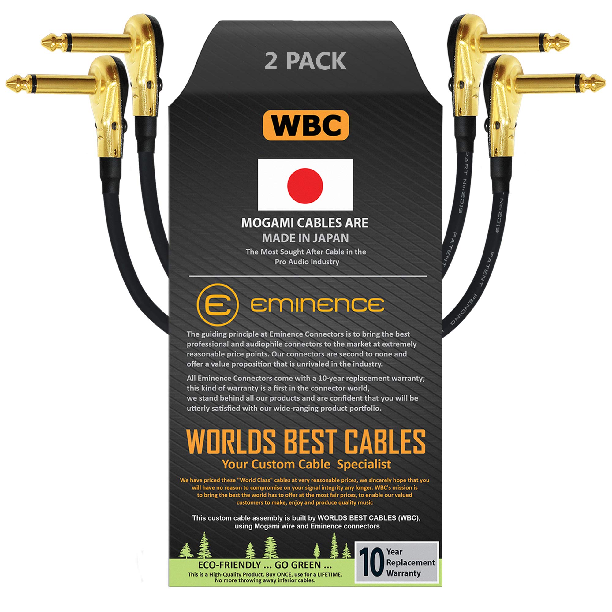 2 Units -Mogami 2319-76 cm (30 Inch) -Instrument Effects Patch Cable With Gold Plated, Low-Profile, Right Angled Pancake Type TS (6.35mm) Connectors