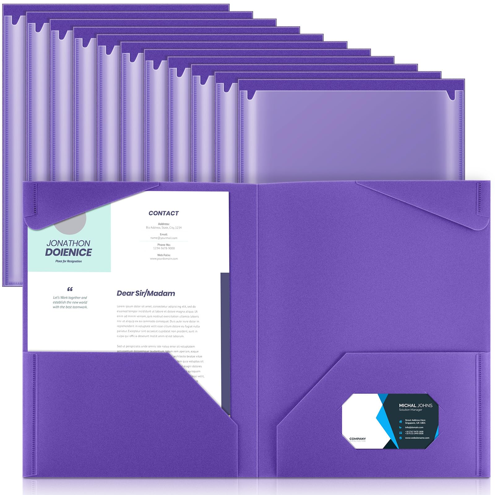 Photo 1 of Henoyso 18 Pcs Plastic Folders with Clear Front Pockets Heavy Duty File Folders with 2 Pockets and Card Slot for Student Communication School Office Presentation Report (Purple)