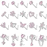 REVOLIA 20Pcs 20G Surgical Steel Dangle Nose Rings L Shaped Nose Ring Studs for Women Men CZ Heart Moon Dangling Flower Butterfly Nose Piercing Jewelry