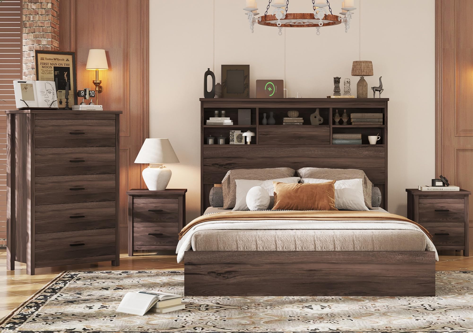 Photo 1 of ** only 1 box missing parts ** Merax 4-Pcs Queen Size Bed Frame Dresser Night Stand Bedroom Set, Platform with USB Charging Ports Storage Headboard & 1 x 5 Drawers Cabinet & 2 x Nightstands, Wooden, Walnut