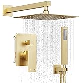 HoliSpa Gold Shower System, Shower Faucet Set with 10-Inch Rain Showerhead and Handheld Spray, Wall Mounted High-Pressure Showerhead Combo Set Included Valve and Trim, Brushed Gold