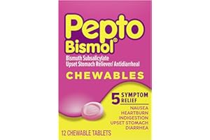 Pepto Bismol Chewable Tablets, Upset Stomach Relief, Nausea Relief, Heartburn Relief, Indigestion Relief, Anti Diarrhea Medication for Adults - 5 Symptom Relief, 12 ct