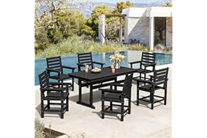 Homenjoy Patio Table and Chairs Set 7 Pieces, HDPE Weather Resistant Outdoor Dining Set with 1.95" Umbrell Hole, Rectangle Outdoor Dining Table with 6 Patio Chairs, Patio Dining Set for Balcony, Black