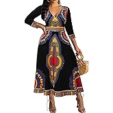 African Dresses for Women Elegant V Neck 3/4 Sleeve Casual Long Maxi African Attire Dress