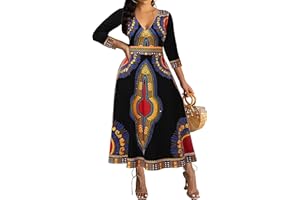 VISICHENUP African Dresses for Women Elegant V Neck 3/4 Sleeve Casual Long Maxi African Attire Dress