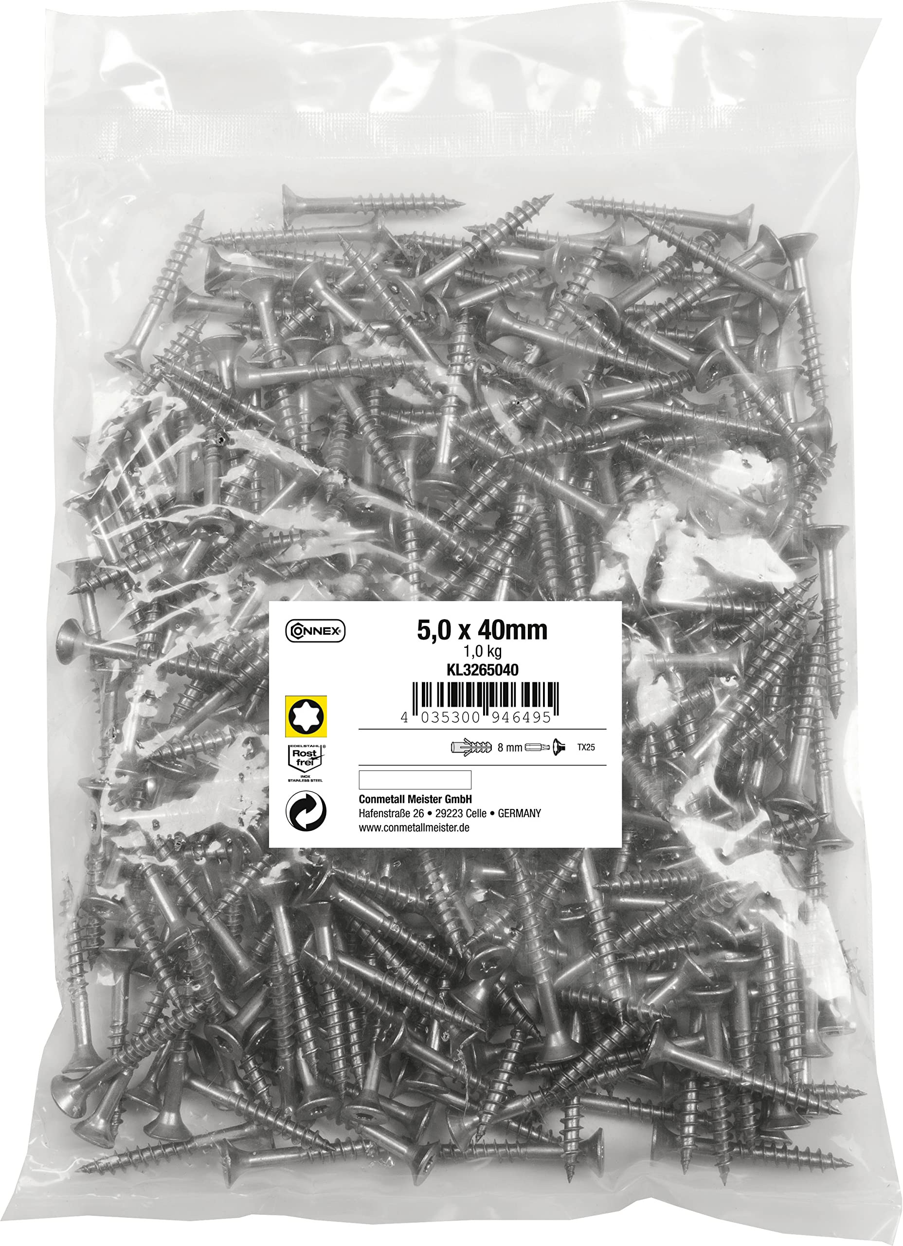 Connex KL3265040 Universal Screws 5.0 x 40 mm - 1 kg Bulk Pack - Countersunk Head - TX Drive - Partial Thread - Stainless Steel/Screw Set/Screws in Bag