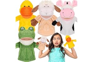 RoundFunny 4 Pcs Hand Puppet Animal with Working Mouth 9.8 Inch Animal Puppet Soft Plush Toy for Storytelling Theater Preschool Birthday Gifts(Cow, Frog, Duck, Sheep)