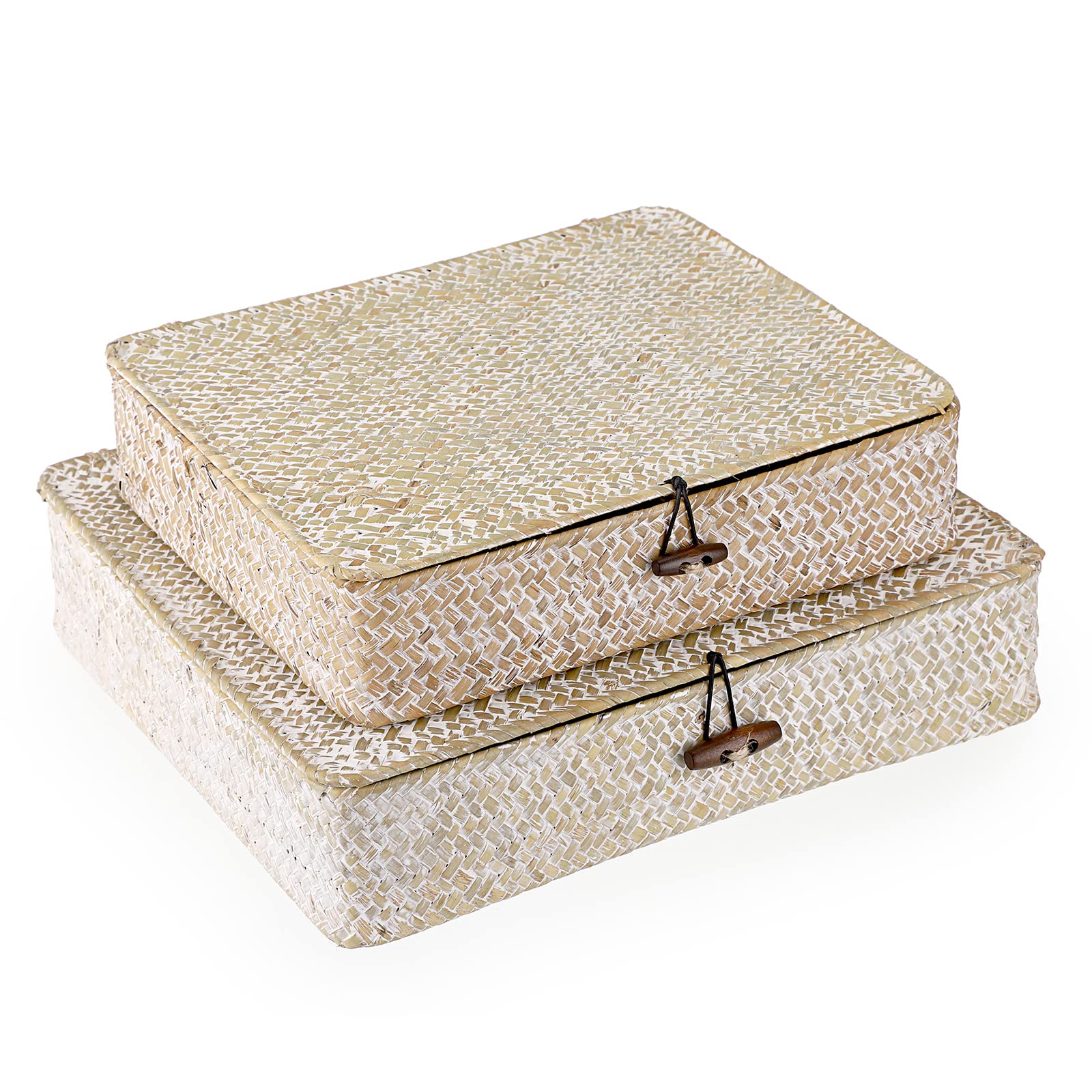 IGNPION Set of 2 Seagrass Storage Basket with Lid Handmade Weave Hamper Shelf Cabient Organiser Baskets Chest Multipurpose Container (whitewash) — image 1