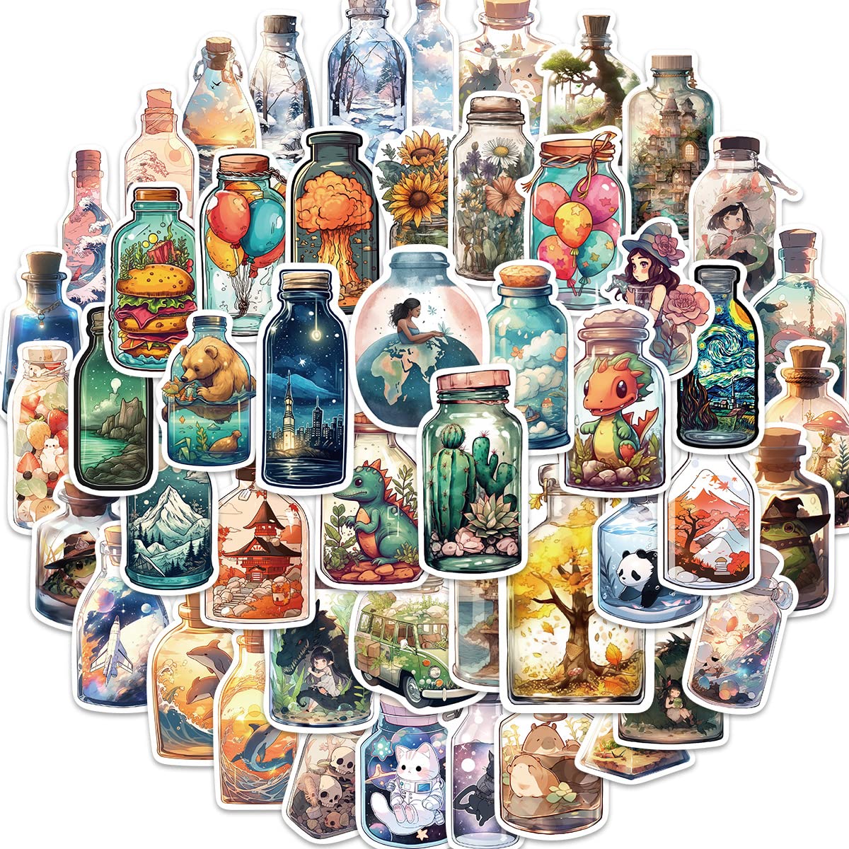 50pcs World in a Bottle Stickers, Cute Cartoon Stickers for Kids, Vinyl Waterproof Graffiti Decals for Water Bottle, Laptop, Phone, Girls Boys